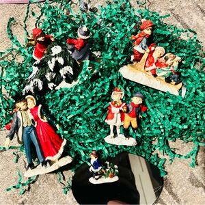 5 Holiday figurines for a Christmas village scene - heavy resin, + mirror